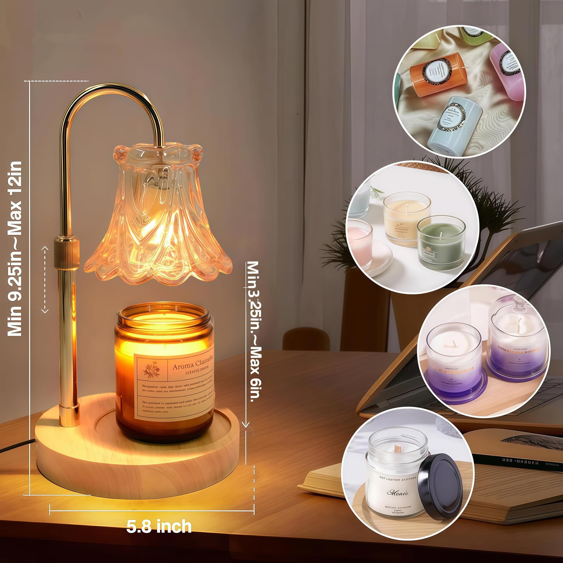 Flower Candle Warmer Lamp with Timer & Dimmer – Adjustable Height Electric Wax Melter for Home Fragrance, Includes 2 Bulbs (Small-Flower) thumbnail 2