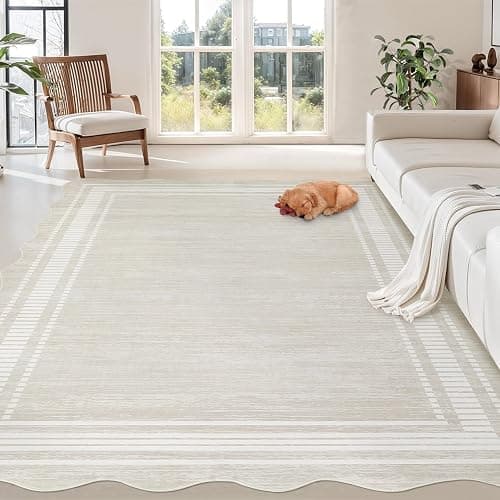 GarveeHome Scalloped Christmas Rugs 8x10 Washable Area Rugs for Living Room, Modern Bordered Solid Rug for Bedroom, Scalloped Non-Slip Stain Resistant Carpet for Dining Room Farmhouse Dorm, Cream thumbnail 8