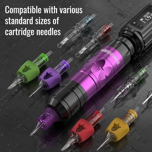 Wormhole Tattoo Gun Tattoo Kit with Wireless Tattoo Machine, 2PCS 1,200mAh Capacity Tattoo Batteries, 20 Cartridge Needles with Finger Ledge, Ink Color Set for Artists-Purple thumbnail 6