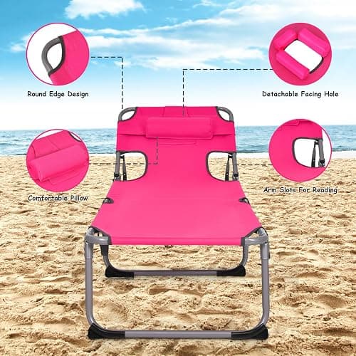 GYMAX Tanning Chair, Folding Beach Lounger with Face Arm Hole, Adjustable Backrest, Side Pocket, Pillow & Carry Handle, Outside Sunbathing Lounge Chair for Patio, Poolside, Lawn (1, Pink) thumbnail 7