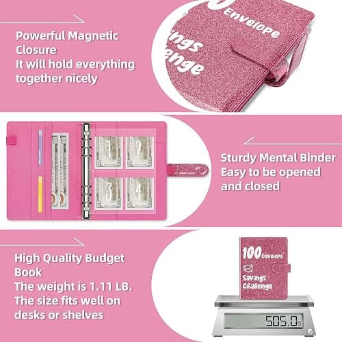 Ospelelf 100 Envelopes Money Saving Challenge Book 52 Week Budget Binder with Cash Envelopes to Save $10,000, Glitter Pink thumbnail 4