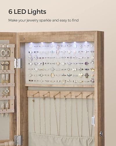 SONGMICS 6 LEDs Mirror Jewelry Cabinet, 47.2-Inch Tall Lockable Wall or Door Mounted Jewelry Armoire Organizer with Mirror, 2 Drawers, Christmas Gift, 3.9 x 14.6 x 47.2 Inches, Toasted Oak Color thumbnail 7