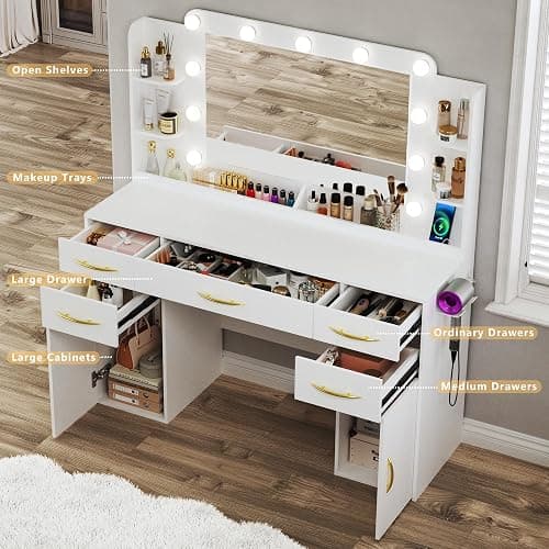 ALEXNUTRE Makeup Vanity Desk with Lights, 45.5" Large Vanity with Mirror and Lights in 3 Models, Vanity with Power Outlet, Vanity Desk with 5 Drawers, 2 Cabinets, Shelves for Bedroom, White thumbnail 6