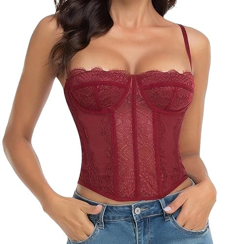 Raxnode Lace Bustier Corset Tops for Women - Sexy Going Out Party Club Top with Buckle - Burgundy - Medium