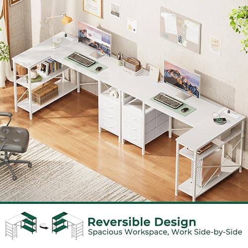 Huuger L Shaped Office Desk with Power Outlets, 47 Inch Computer Desk with 3 Drawers, Shelves, for Gaming, Corner Work, Home Office, Study, White thumbnail 4