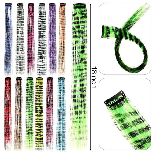 Suncalla 12 Pcs Stripe Printed Wig Piece Colorful Raccoon Tail Hair Extensions Synthetic Long Straight Clip-in Hair Extensions for Women Daily Use Halloween(18") thumbnail 2