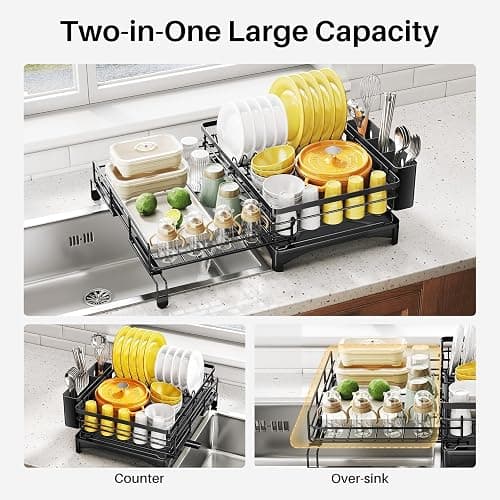 Dish Drying Rack - Extendable Dish Rack, Large Sink Drying Dish Drainer for Kitchen Counter, Stainless Steel Dish Strainer with Utensil Holder (Black) - Black thumbnail 2