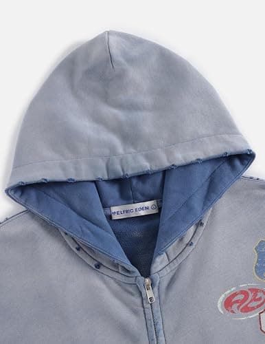 Aelfric Eden Vintage Acid Wash Zip Up Hoodie Boxy Streetwear Jacket | Badge Graphic Hooded Sweatshirt with Pockets, Fashion Casual Outfits, Loose Fit, Trendy Y2K, Fall Spring Winter Clothing thumbnail 5