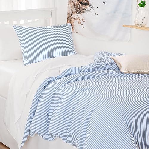 Wake In Cloud - Striped Comforter Set, Ticking Stripe Vertical Pinstripe Neutral Farmhouse Pattern Printed, Soft Lightweight Bedding, 3 Pieces, Blue White, Twin/Twin XL Size thumbnail 5