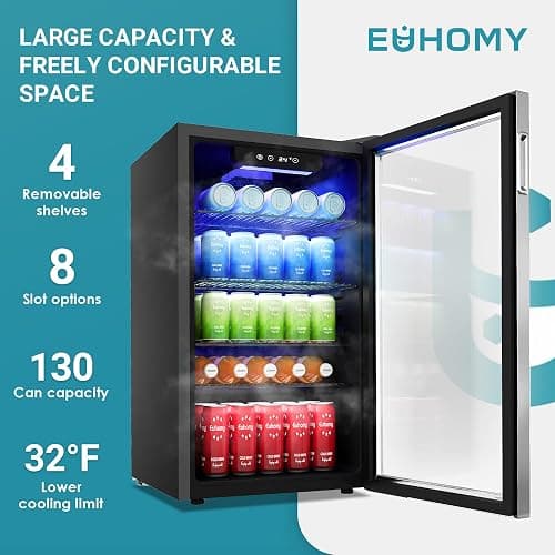 EUHOMY Beverage Refrigerator Cooler, 130 Can Mini Fridge with Glass Door for Soda Beer or Wine, Beverage Cooler for Home, Office, Bar with Adjustable Removable Shelves, Silver thumbnail 4