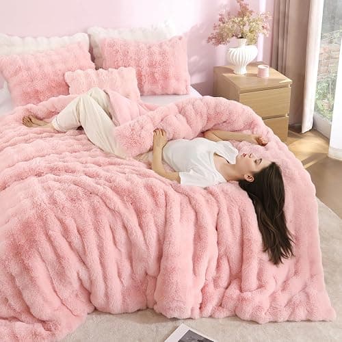 YIKUSH Full Faux Fur Soft Comforter Set, Fluffy Pink Rabbit Fur Comforter | Warm Thick Full Size Bedding Set,Super Fluffy Luxury Pink Comforter for Winter, Easy Care (1 Comforter, 2 Pillowcases) thumbnail 6