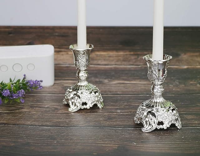 JAZPlayer Silver Taper Candle Holders with Deluxe Engraved Design, Set of 2 Premium Metal Silver Candlestick Holders thumbnail 6