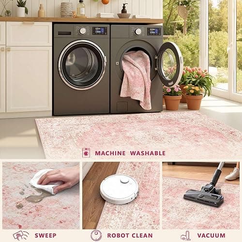 Latte&Fog Washable Pink Rug, Vintage 5x7 Area Rugs for Girls Bedroom,Living Room,Cute Nursery Dorm, Floral Non Slip Low Pile Soft Carpets for Classroom Kids Playroom Kitchen Dining Room Office thumbnail 9