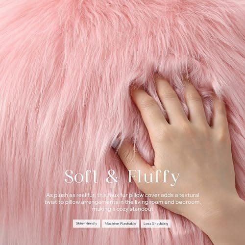Phantoscope Faux Fur Solid Decorative Pillow Cover Fluffy Throw Pillow Mongolian Luxury Fuzzy Pillow Case Cushion Cover for Bedroom and Couch,Pink 18 x 18 Inches thumbnail 3