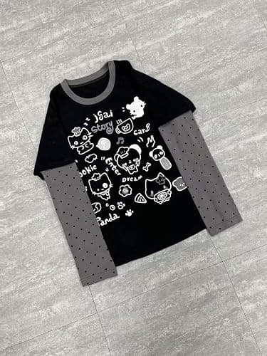GOTHPICKUS Womens Y2k Cute Graphic Sweatshirts Harajuku Kawaii Striped Sweatshirt Patchwork Cartoon Casual T-Shirts thumbnail 6