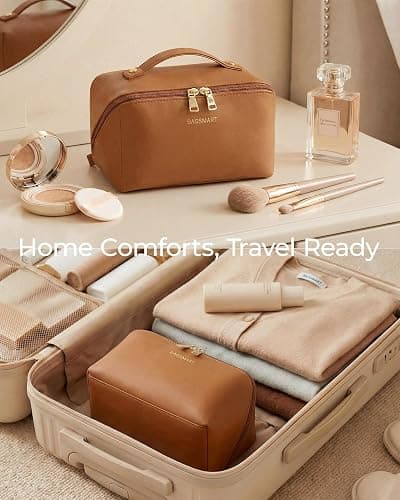 BAGSMART Makeup Bag Travel Cosmetic Bag,Women Toiletry Case, Brushes, Black | Make Up Bag Flat Open Toiletry Bag for Women, PU Leather Travel Essentials Wide-open Skincare,Brushes Organizer Case Large thumbnail 9