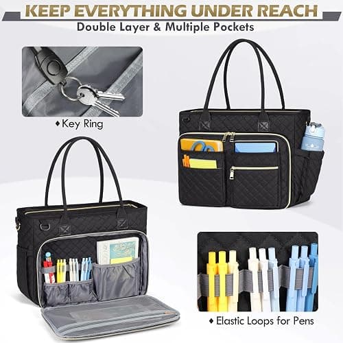 RAINSMORE Teacher Tote Bag 15.6 inch Laptop Bag for Women Work Bags Laptop Tote Nurse Bag Professional Computer Messenger with Insulated Pocket, Laptop Briefcase for Office, College, Nursing, Black thumbnail 4