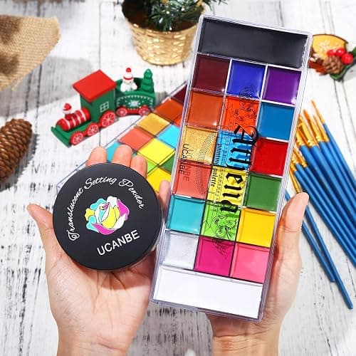 UCANBE Athena Face Body Paint Oil Palette + Translucent Setting Powder + 10PCS Brushes Set, Professional Non Toxic Face Painting Pallet Kit for Halloween SFX Cosplay Clown Makeup for Women Adults thumbnail 6