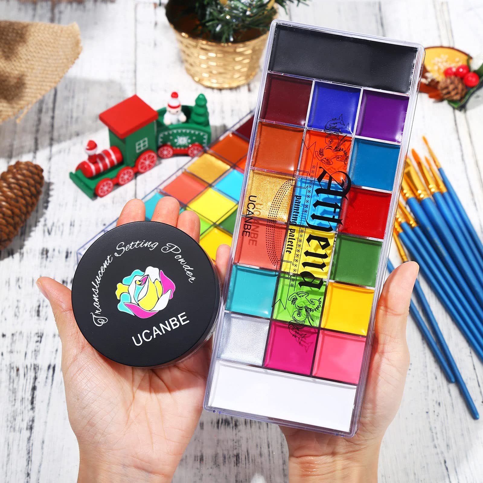 UCANBE Athena Face Body Paint Oil Palette + Translucent Setting Powder + 10PCS Brushes Set, Professional Non Toxic Face Painting Pallet Kit for Halloween SFX Cosplay Clown Makeup for Women Adults thumbnail 6