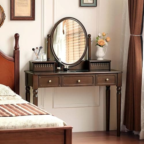YESWOOD Vintage Vanity Desk with Mirror, Solid Catalpa Wood Walnut Dressing Table, Vintage Dressing Table Vanity Desk for Bedroom, Walnut, 18" D x 43" W x 56" H thumbnail 6
