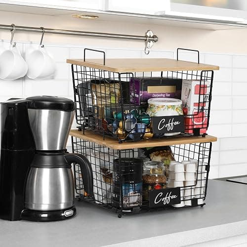 2 Set XXL Stackable Wire Basket with Bamboo Tops & Tag- Pantry Organizer and Storage Bins, Kitchen Counter Cabinet Shelf Countertop Under Sink Organizing, Food Snack Produce Onion Potato Bread Storage thumbnail 6