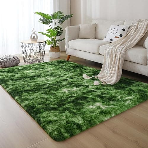 DweIke Fluffy Dark Green Rugs for Bedroom Living Room, 4x6 Feet Soft Plush Shaggy Tie-Dyed Forest Moss Green Girls Boys Kids Rug, Non-Slip and Machine Washable Carpet for Dorm Nursery Decor thumbnail 4