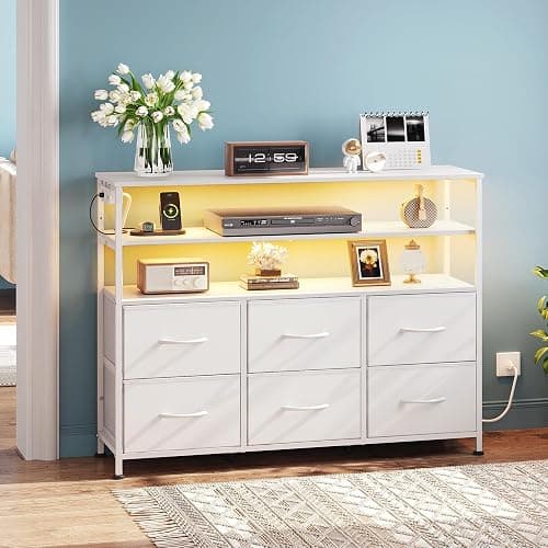 WLIVE White TV Stand for 40, 45 inch TV, Entertainment Center with LED Lights & Charging Station, TV Media Console Table with 6 Fabric Drawers and Open Shelves for Living Room, Hallway, Wood Top thumbnail 9