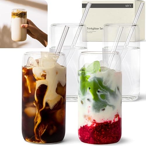 KIVY Trinkgläser Set mit Glas Strohhalm [4x 450ml] Eiskaffee, Wasser & Matcha Glas - Longdrinkgläser Set - Kaffee & Matcha Gläser - Kaffeegläser - Latte Macchiato Gläser - Hohe Cocktailgläser - Image 1