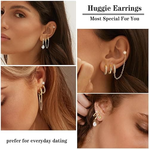 HAIAISO Small 14K Gold Plated Huggie Hoop Earrings for Women Lightweight Double Piercing Chain Earrings Dainty Stud Earrings Hypoallergenic 14K Gold Plated Hoop Earrings Set thumbnail 4