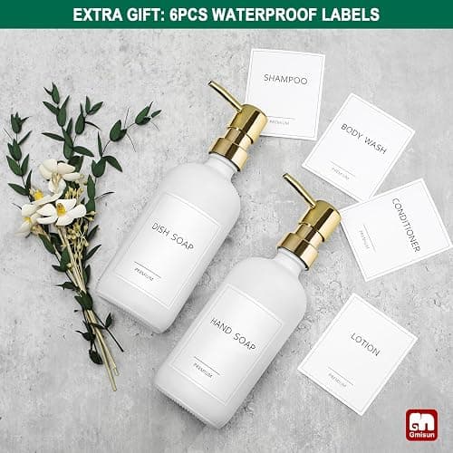 GMISUN White Soap Dispenser, 2 Pack Glass Hand Soap Dispensers Bathroom with Gold Pump, 17 Fl Oz Dish Soap Dispenser Set for Kitchen, Refillable Modern Liquid Soap and Lotion Dispensers Bottle thumbnail 7