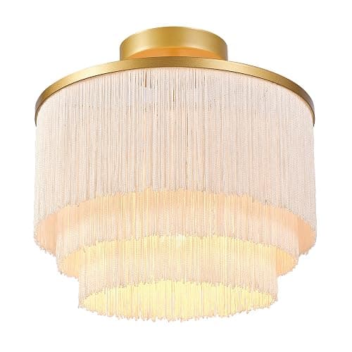 Globe Electric 65892 1-Light Flush Mount Ceiling Light, Matte Gold, White Fabric Fringe Shade, Bulb Not Included thumbnail 5