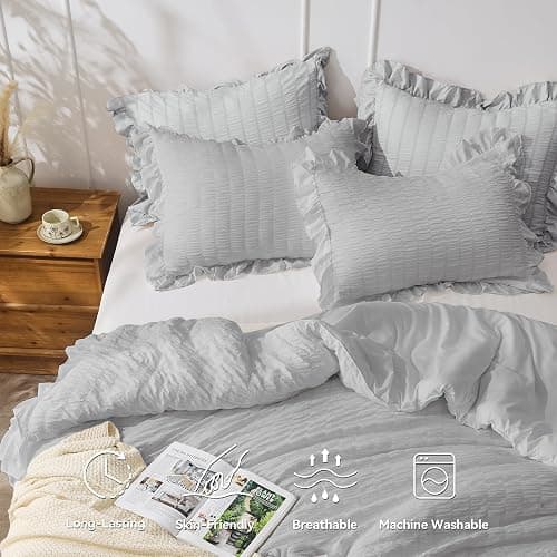 JOLLYVOGUE Light Grey Comforter Full Size, 3 Pieces Seersucker Lightweight Full Size Bedding, All Season Fluffy Microfiber Bedding Comforter Set with 1 Ruffle Comforter and 2 Ruffle Pillowshams thumbnail 3