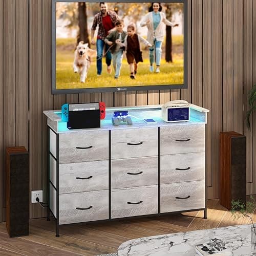 EXOTICA Dresser with Charge Station 9 Drawers Dresser for Bedroom with LED Lights Tall Wide Fabric Dressers & Chests of Drawers for Closet Hallway Entryway Sturdy Steel Frame Wood Top thumbnail 9