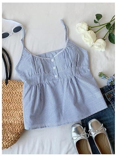 RoseSeek Women's Striped Button Front Flared Camisole Tops Shirred Spaghetti Strap Tank Top thumbnail 5
