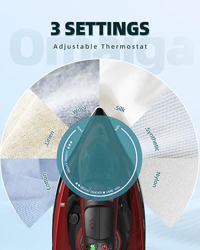 OMAIGA Cordless Iron for Clothes - 1500W Steam Iron with Non-Stick Ceramic Soleplate, Rapid Heating, Auto Shut Off, Burst of Steam, Self-Clean, Anti-Drip, Anti-Calc, 3 Temperature Settings, Red thumbnail 7