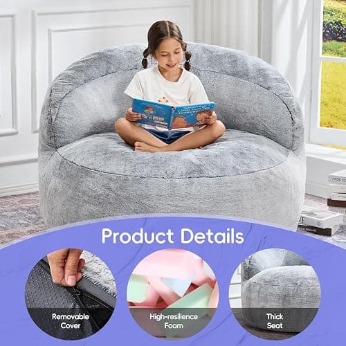Hobestluk Giant Memory Foam Bean Bag, No-Assembly, Plush Grey Single | High Density Memory Foam, Washable & Removeable Cover, Durable Zipper, Skin Friendly Fabric, Soft Faux Fur, No Assembly thumbnail 4