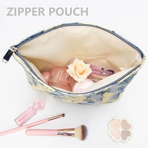 PAZIMIIK Makeup Bag Large Cotton Zipper Pouch for Purse Travel Canvas Make Up Organizer for Women Cosmetic,Brocade Blue - Brocade Blue Flower thumbnail 3
