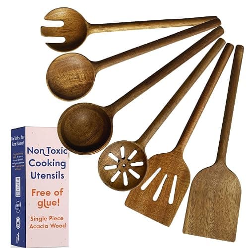 Non-Toxic Cooking Utensils – 6-Piece Kitchen Utensils Set, Glue-Free & One-Piece Wooden Spoons for Cooking, Natural Wooden Utensil Set with Plant-Based Finish, Free of Forever Chemicals - Image 1