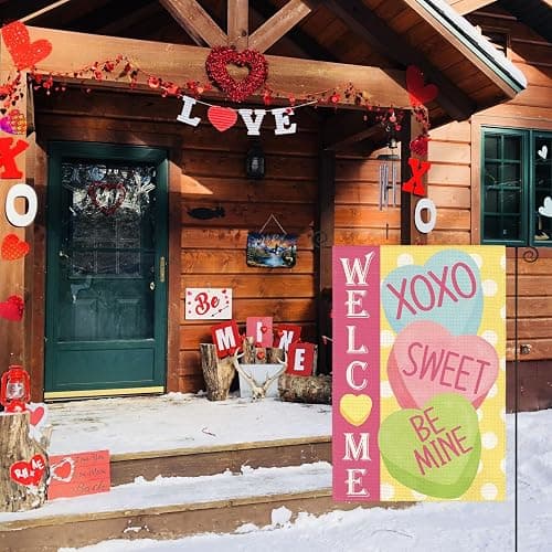 AVOIN colorlife Candy Love Hearts Welcome Garden Flag 12x18 Inch Double Sided Outside, Valentines Day Rustic Anniversary Yard Outdoor Decoration thumbnail 3