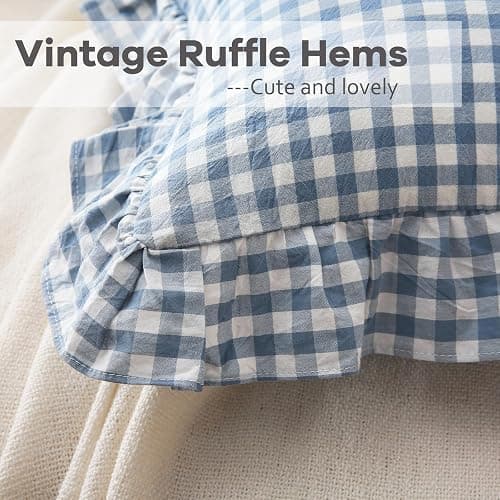 K MASANIJI 2 Pack Dust Blue White Plaid Gingham Ruffle Throw Pillow Covers, 100% Washed Cotton Decorative Buffalo Checkered Farmhouse Pillow Shams - 18''x18'' thumbnail 5