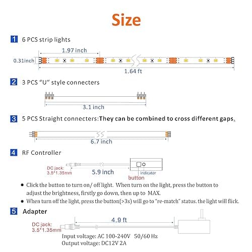 WOBANE Under Cabinet LED Lighting kit, 6 PCS LED Strip Lights with Remote Control Dimmer and Adapter, Dimmable for Kitchen Cabinet,Counter,Shelf,TV Back,Showcase 2700K Warm White,Bright 1500lm,Timing - 6*20inch - Warm White thumbnail 7