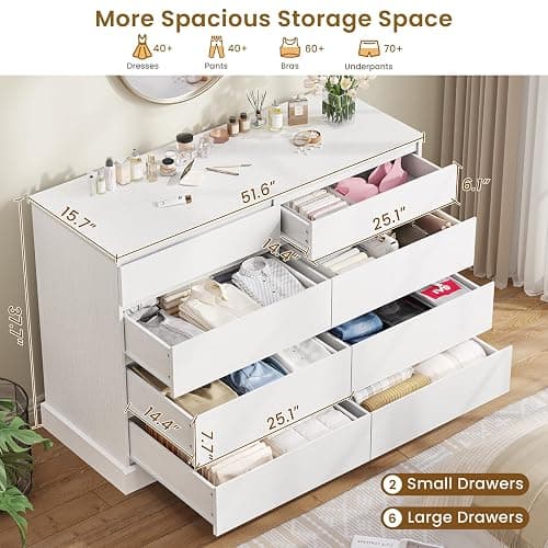 DICTAC 8 Drawers Dresser for Bedroom, White Large Chest of Drawers, Long Modern Double Dressers, Big Clothing Storage Organizer Closet with Ample Space, 51.6''L x 15.7''D x 37.7''H thumbnail 3