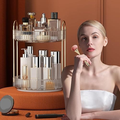 YCIA&DONE 360 Rotating Makeup Organizer and Storage for Vanity Bathroom Countertop, High Capacity Cosmetic Skincare Perfume Organizers for Dresser Lazy Susan (Clear White,2 Tiers) thumbnail 5
