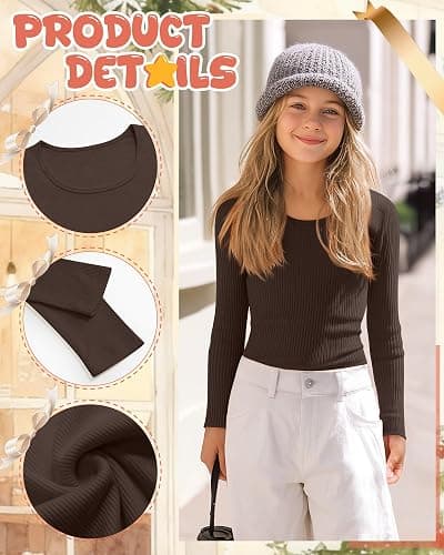 LessonZoo 3 Pack Girls Long Sleeve Shirts Ribbed Cotton Layering Tops Scoop Neck Slim Fit Basic Tee Undershirts 5-14 Years thumbnail 4
