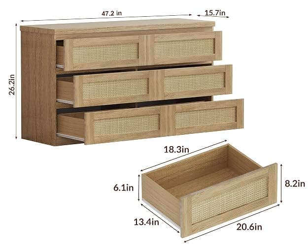 GarveeHome Rattan Dresser for Bedroom, Modern 6 Drawer Double Dresser for Bedroom, Wide Wood Chest of Drawers for Bedroom, Living Room, Hallway, Natural thumbnail 2