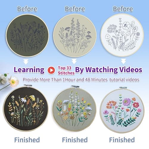 ETSPIL 3 Pack Beginner Embroidery Kits for Adults, DIY Starter Set with Stamped Flower Designs, Embroidery Hoop, Colorful Threads, Tools, Step-by-Step Instructions & Video Tutorial thumbnail 4
