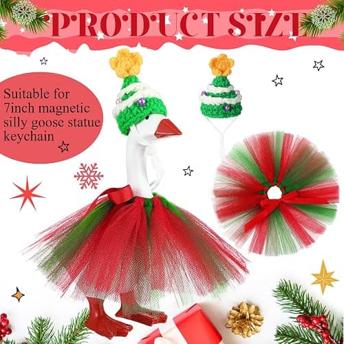 Sunnymove 7 Inch Christmas Mini Desk Goose Outfits with Christmas Tree shape Knitting Hat Red and Green Tutu Dress Mini Desk Goose Customs for Magnetic Statue Key Holder Decor thumbnail 3