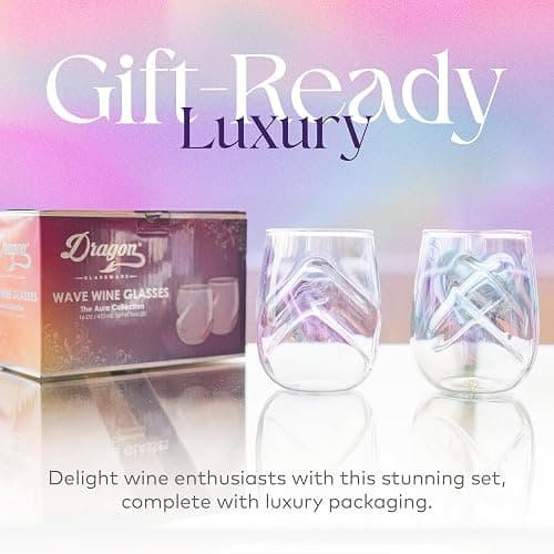 Dragon Glassware Stemless Wine Glasses - 16 oz Stemless Wine Glass Set with Finger Indentations - Set of 2 Iridescent Glassware - Aerates Naturally thumbnail 6