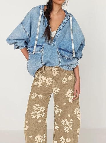 loveimgs Women Y2k Distressed Barrel Jeans Baggy Wide Leg Jeans Floral Printed Boyfriend Patchwork Denim Pants thumbnail 2