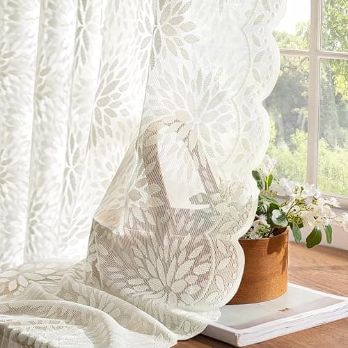 MIULEE Vintage Floral Scalloped Lace Curtains 2 Panels, Ivory 52" W x 63" L | Victorian Decorative Design, Short Semi Sheer Curtains, Light Filtering Rod Pocket Panels for Bedroom Living Room thumbnail 4